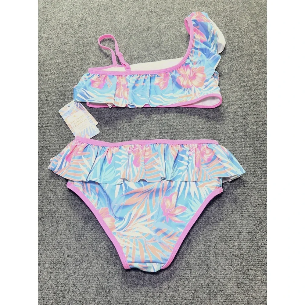 Tommy Bahama Girls Tropical Floral One Shoulder Ruffle Bikini Set Size 12 NEW
